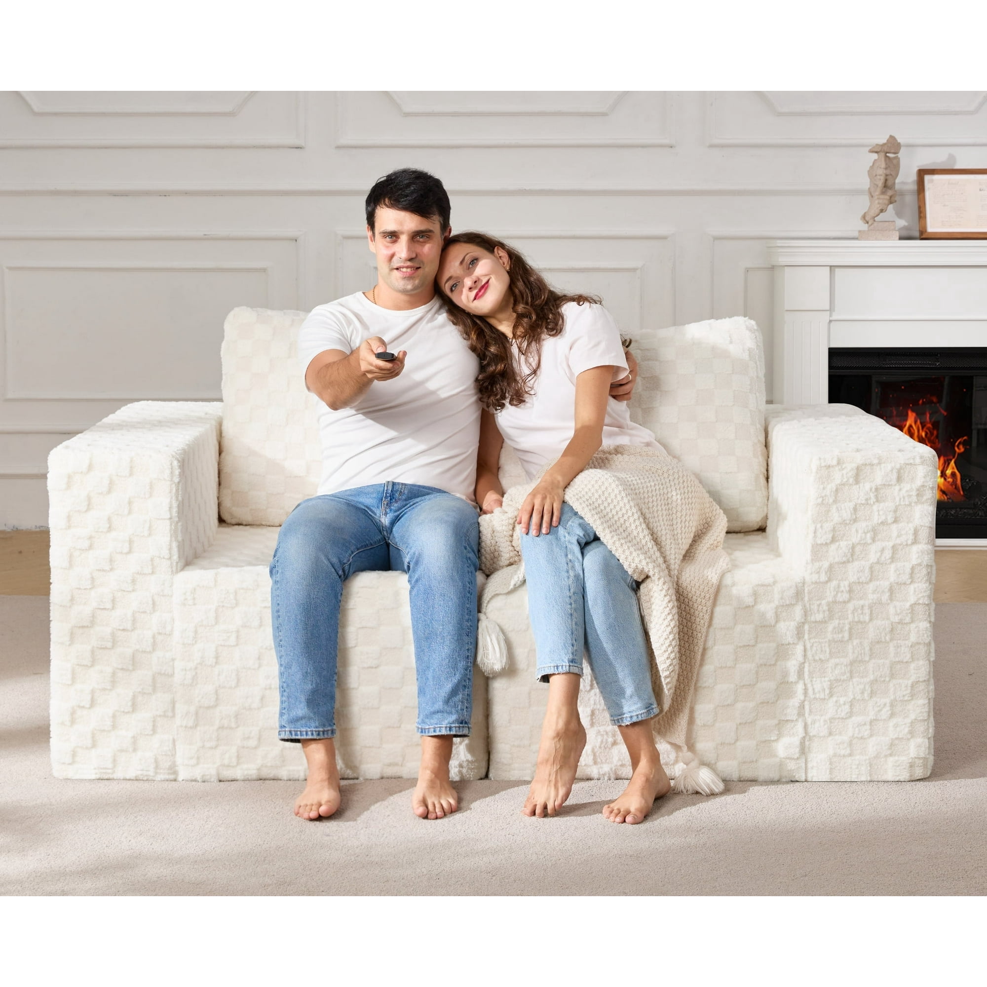 Modular Sectional Sofa 2 Seater Loveseat Modular Sofa Couch with Deep Seat Memory Foam Cloud Sofa Chair with Pillows Oversized Sectional Sofa for Living Room Bedroom (Plush White, Loveseat)