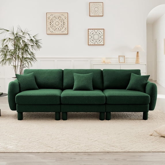 Modular Sectional Sofa, 3-Seat Deep Seat Sofa for Living Room, Cloud Couch Style Boucle Fabric Recliner, Shell-Shaped Armrests Cylindrical Legs Green Sofa, Wood Frame, Easy Assembly
