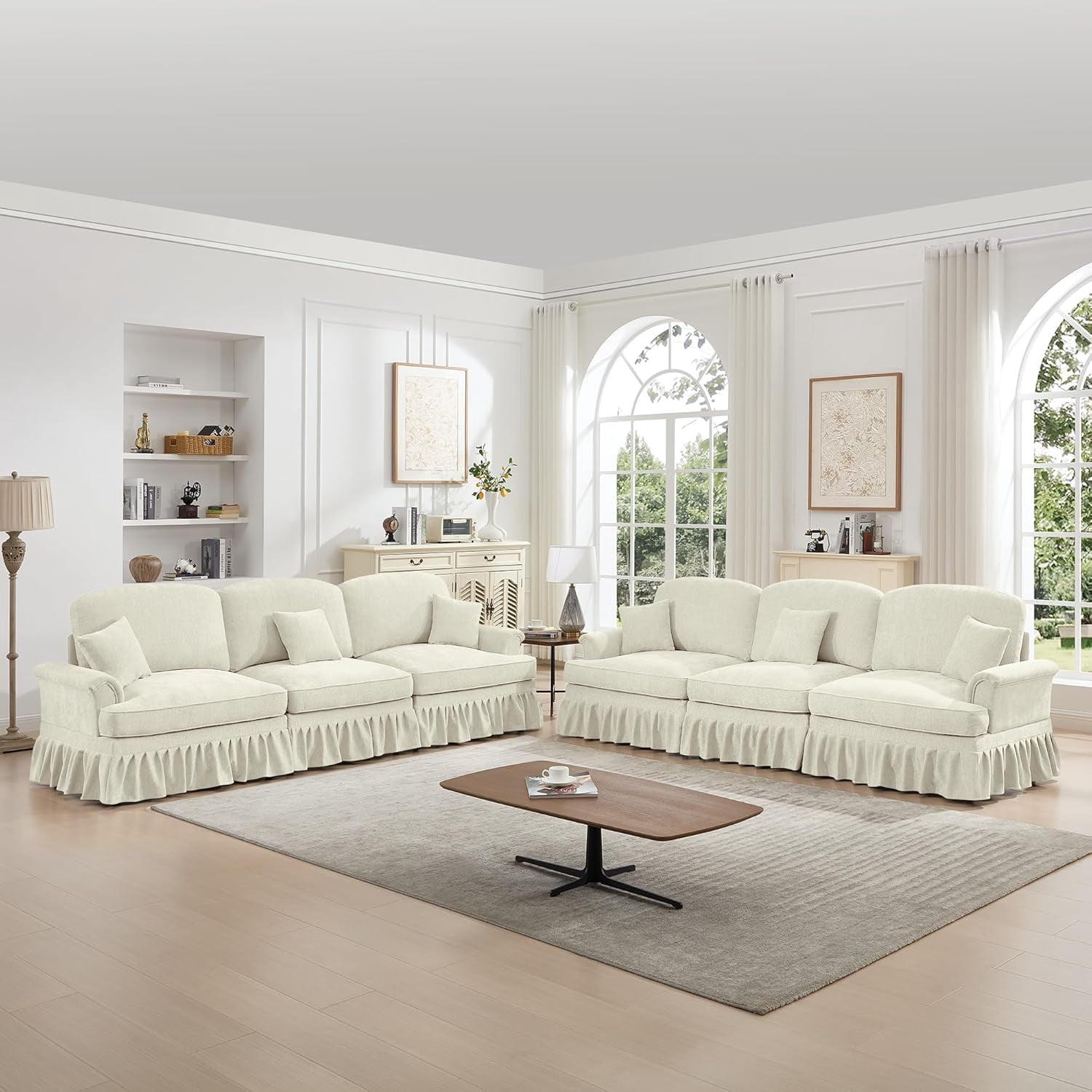 2 Piece Modern Sectional Sofa, Silver Chenille 3-Seat Cloud Couch with Removable Ruffles Pleats Skirts, Living Room Furniture, Flared Arm, Deep Seat Couches for Living Room, Bedroom Beige