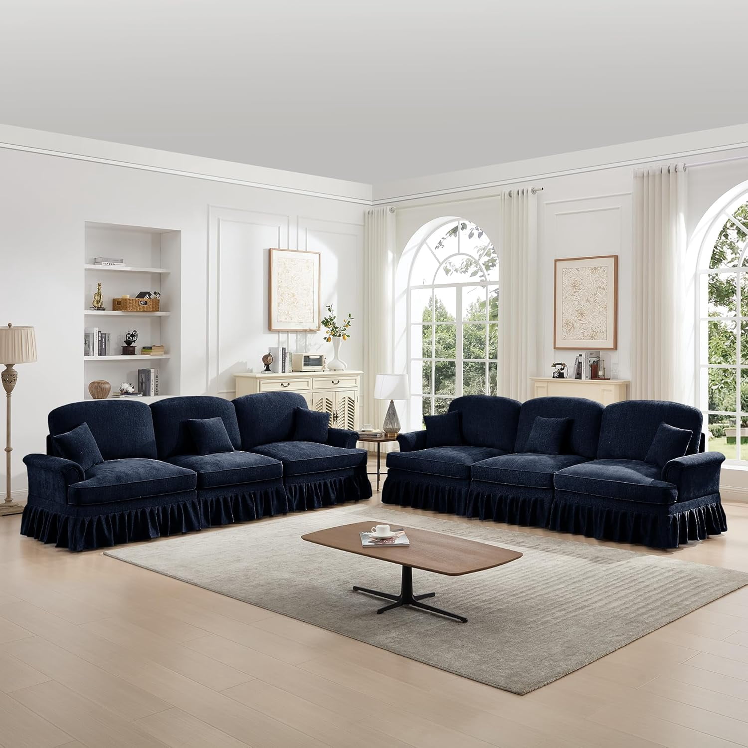 Modular Sectional Sofa, 3 Seat Sofa Sets with Removable Ruffles Pleats Skirts, Chenille Deep Seat Sofa for Living Room, Blue