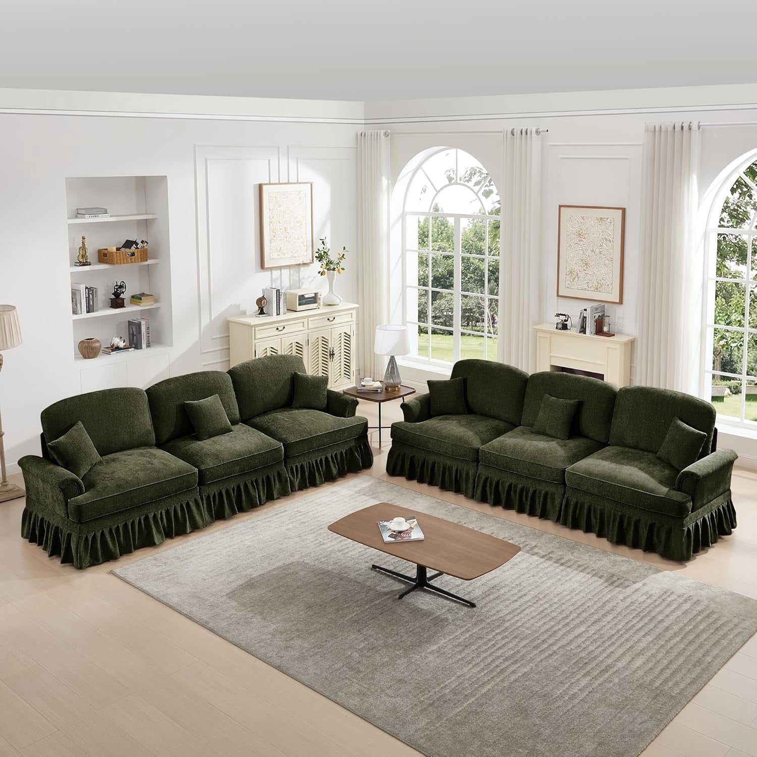 Modular Sectional Sofa, 3 Seat Sofa Sets with Removable Ruffles Pleats Skirts, Chenille Deep Seat Sofa for Living Room, Green