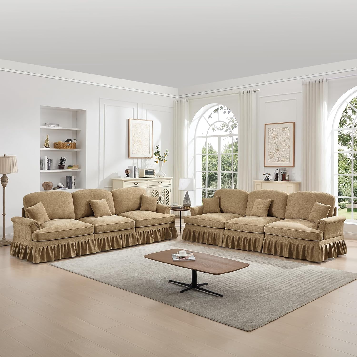 2 Piece Modern Sectional Sofa, Silver Chenille 3-Seat Cloud Couch with Removable Ruffles Pleats Skirts, Living Room Furniture, Flared Arm, Deep Seat Couches for Living Room, Bedroom, Light Coffee