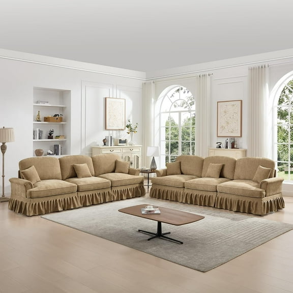 2 Piece Modern Sectional Sofa, Silver Chenille 3-Seat Cloud Couch with Removable Ruffles Pleats Skirts, Living Room Furniture, Flared Arm, Deep Seat Couches for Living Room, Bedroom, Light Coffee