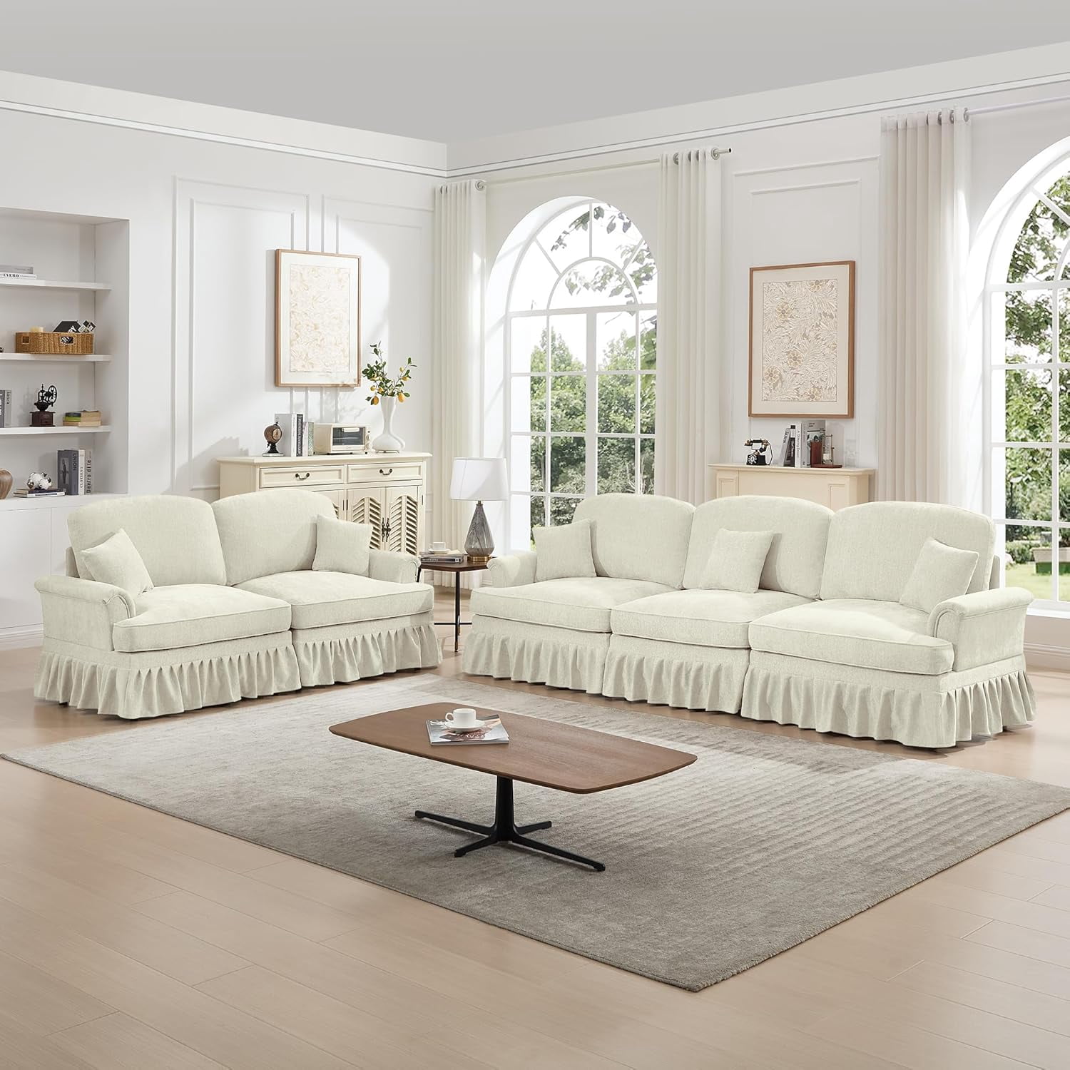 Modular Sectional Sofa, 3 Seat Sofa and 2 Seat Loveseat Sofa Sets with Removable Ruffles Pleats Skirts, Deep Seat Sofa for Living Room, Beige