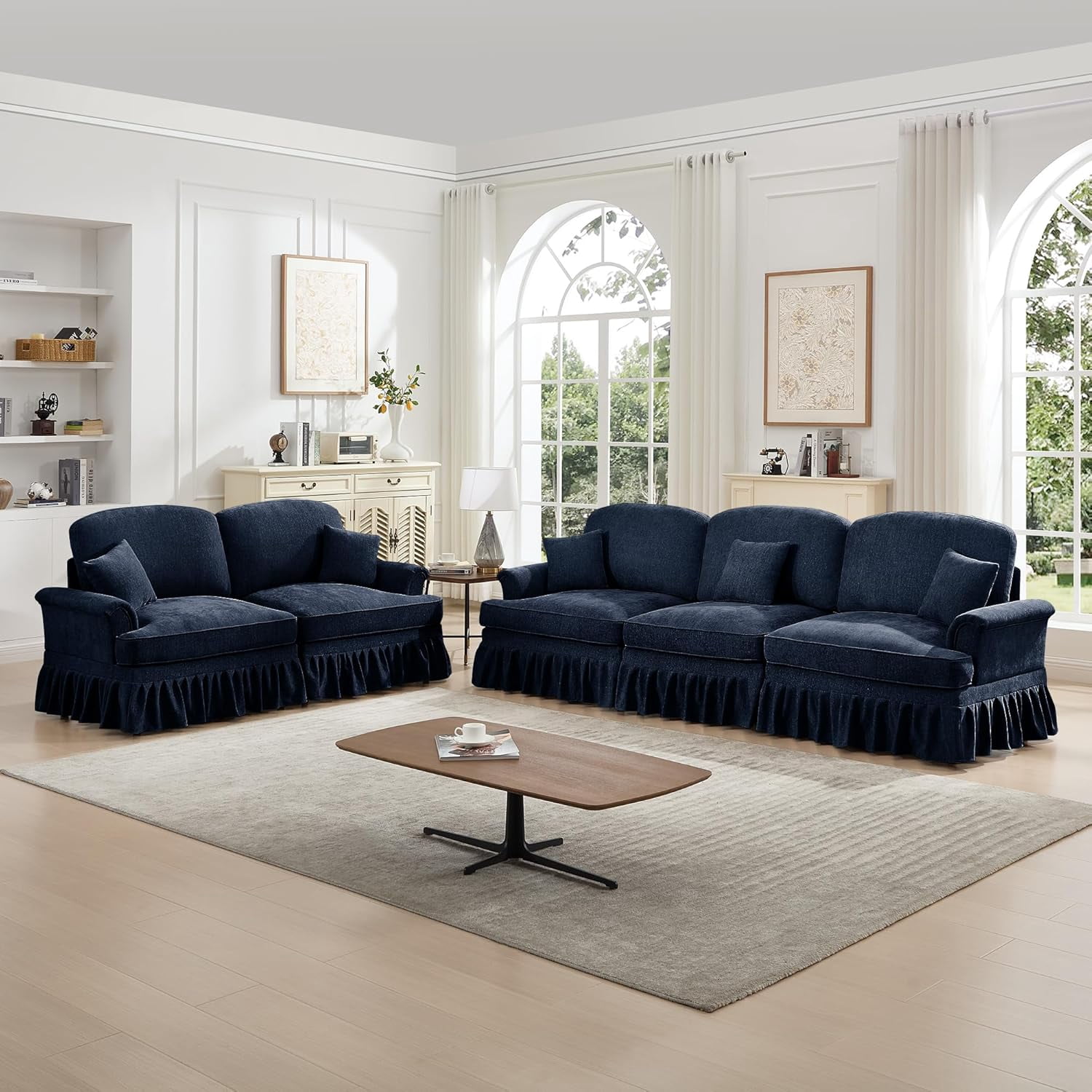Modular Sectional Sofa, 3 Seat Sofa and 2 Seat Loveseat Sofa Sets, Silver Chenille with Removable Ruffles Pleats Skirts, Deep Couches for Living Room, Apartment, Blue