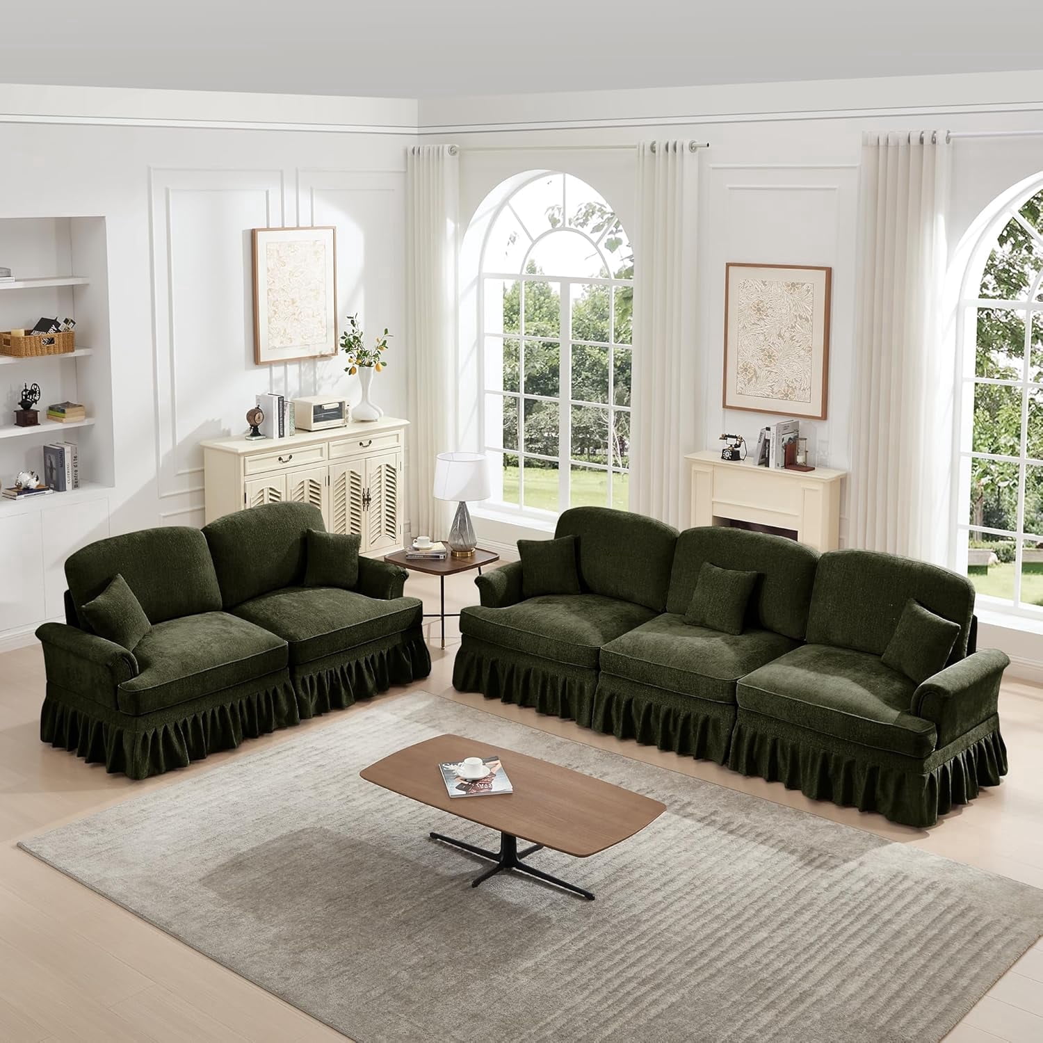 Modular Sectional Sofa, 3 Seat Sofa and 2 Seat Loveseat Sofa Sets with Removable Ruffles Pleats Skirts, Deep Seat Sofa for Living Room, Green