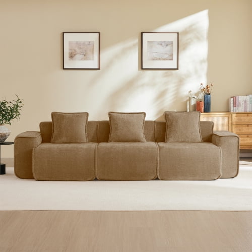 Modular Sectional Sofa 3-Seat, Velvet Fabric Cloud Couch with Throw Pillows, No Assembly Required Boneless Sofa, Streamlined Modern Design, Brown