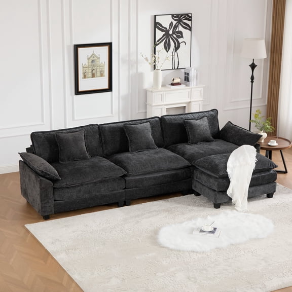 Modular Sectional Sofa, 3-Seater Cloud Couch with Wide Armrests, Double Layer Cushion Chenille Fabric Modern Sofa for Living Room, Apartment,Black
