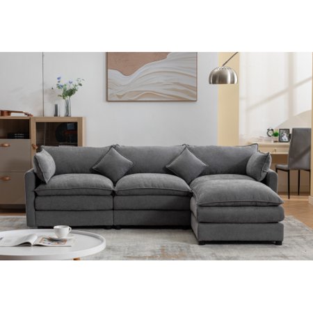 Modular Sectional Sofa, 3-Seater Sofa with Ottoman, Modern L-Shaped Sofa for Living Room Bedroom Apartment, Gray