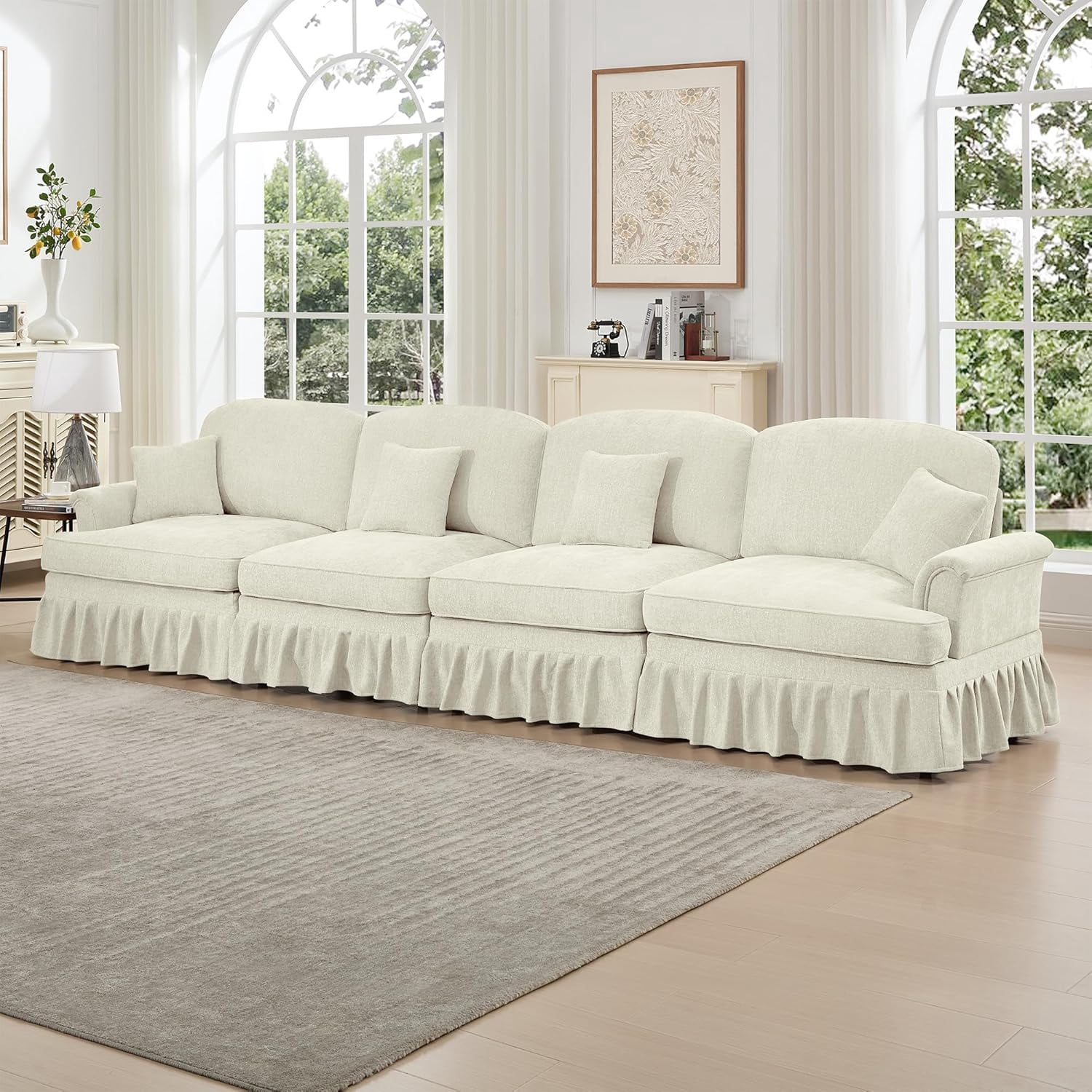Modular Sectional Sofa, 4 Seat Sofa with Flared Arms, Removable Ruffles Pleats Skirts, Chenille Deep Seat Sofa for Living Room, Beige
