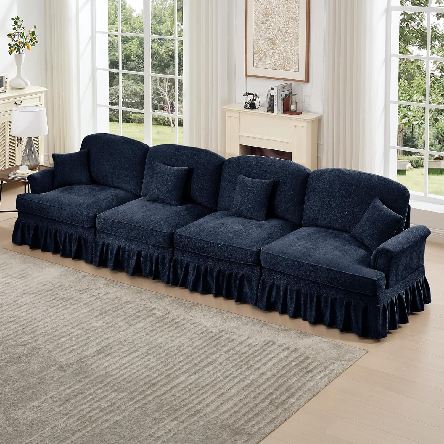 Modular Sectional Sofa, 4 Seat Sofa with Flared Arms, Removable Ruffles Pleats Skirts, Chenille Deep Seat Sofa for Living Room, Blue