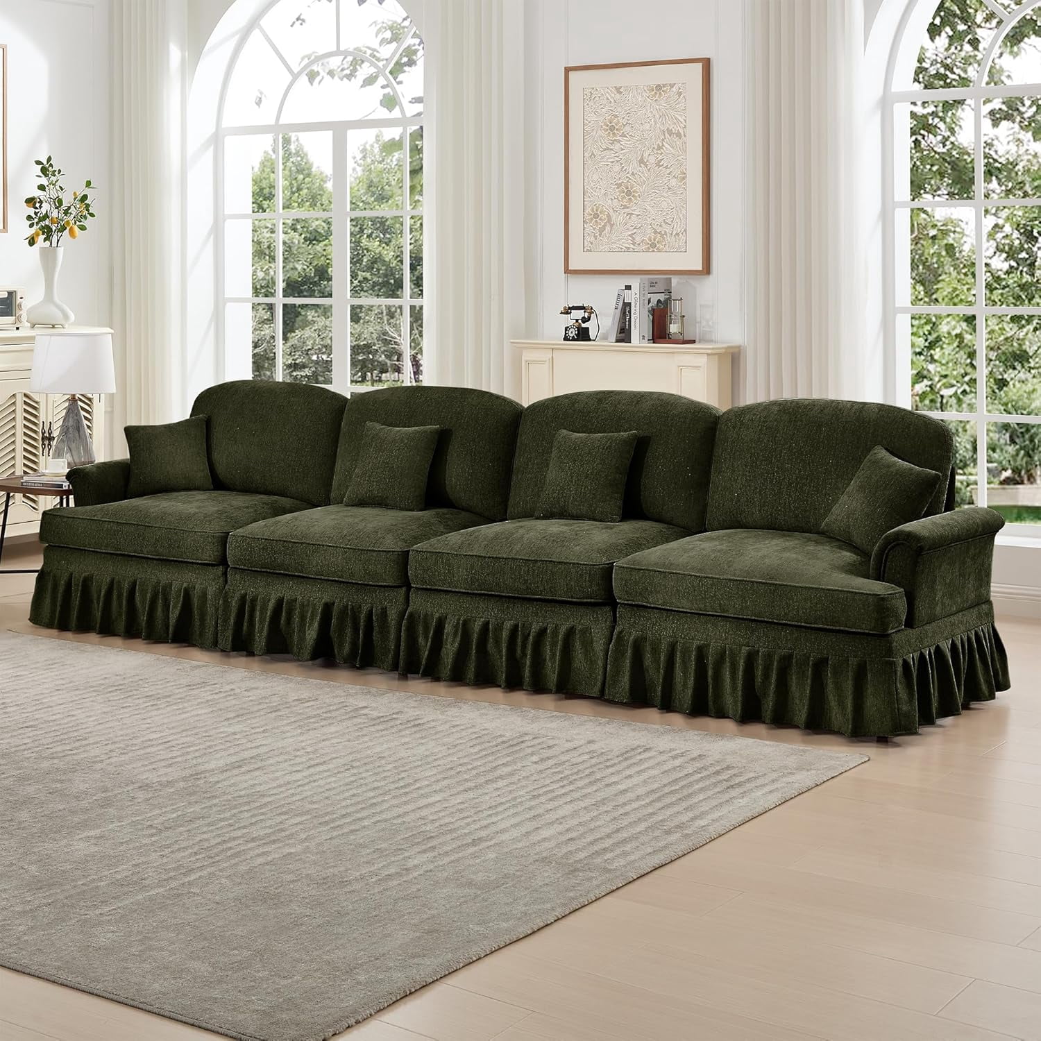 Modular Sectional Sofa, 4 Seat Sofa with Flared Arms, Removable Ruffles Pleats Skirts, Chenille Deep Seat Sofa for Living Room, Green