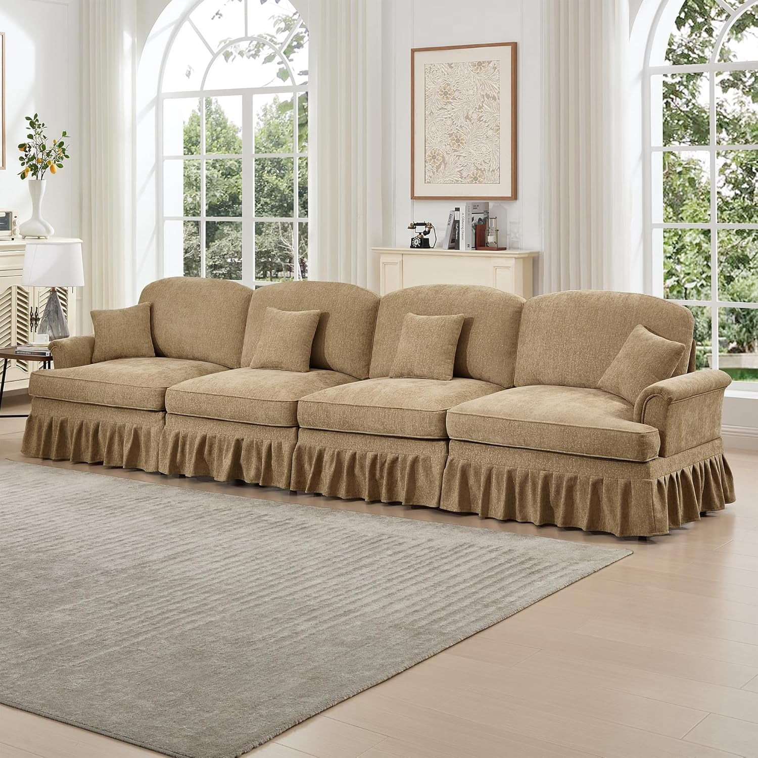 Modular Sectional Sofa, 4 Seat Sofa with Flared Arms, Removable Ruffles Pleats Skirts, Chenille Deep Seat Sofa for Living Room, Light Coffee