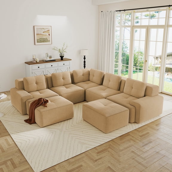 Modular Sectional Sofa with 5-Seater,V Shaped Corner Couch,Corduroy Fabric,2 Movable Ottomans, Deep Seat for Living Room, Pearl-like piping, Tufted Design, No Assembly, Anti-slip Design,Camel No.4487
