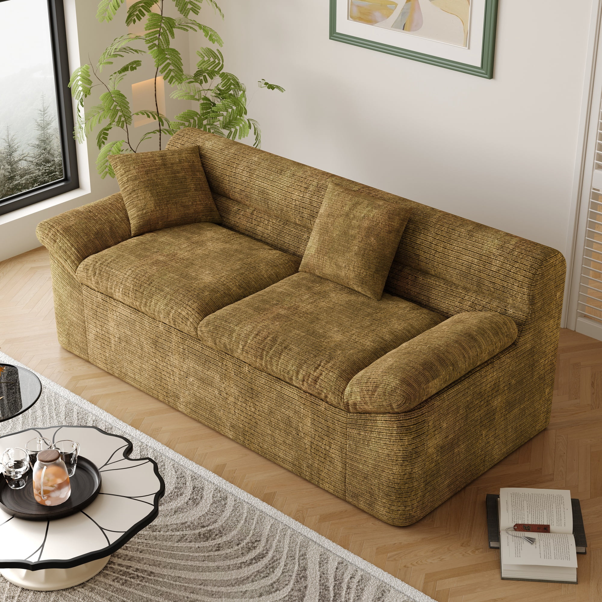 Modular Sectional Sofa 71 Inch, L-Shaped Couch with Deep Seat and Corduroy Fabric, Comfy Loveseat for Living Room and Apartment, No Assembly Required, Mustard Yellow