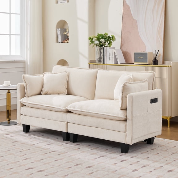 Modular Sectional Sofa, 75" Loveseat Modern Couches for Living Room, Comfy Cloud Couch with Deep Seat for Office and Apartment, with Charger, USB & Type-c Port, Beige Chenille Fabric