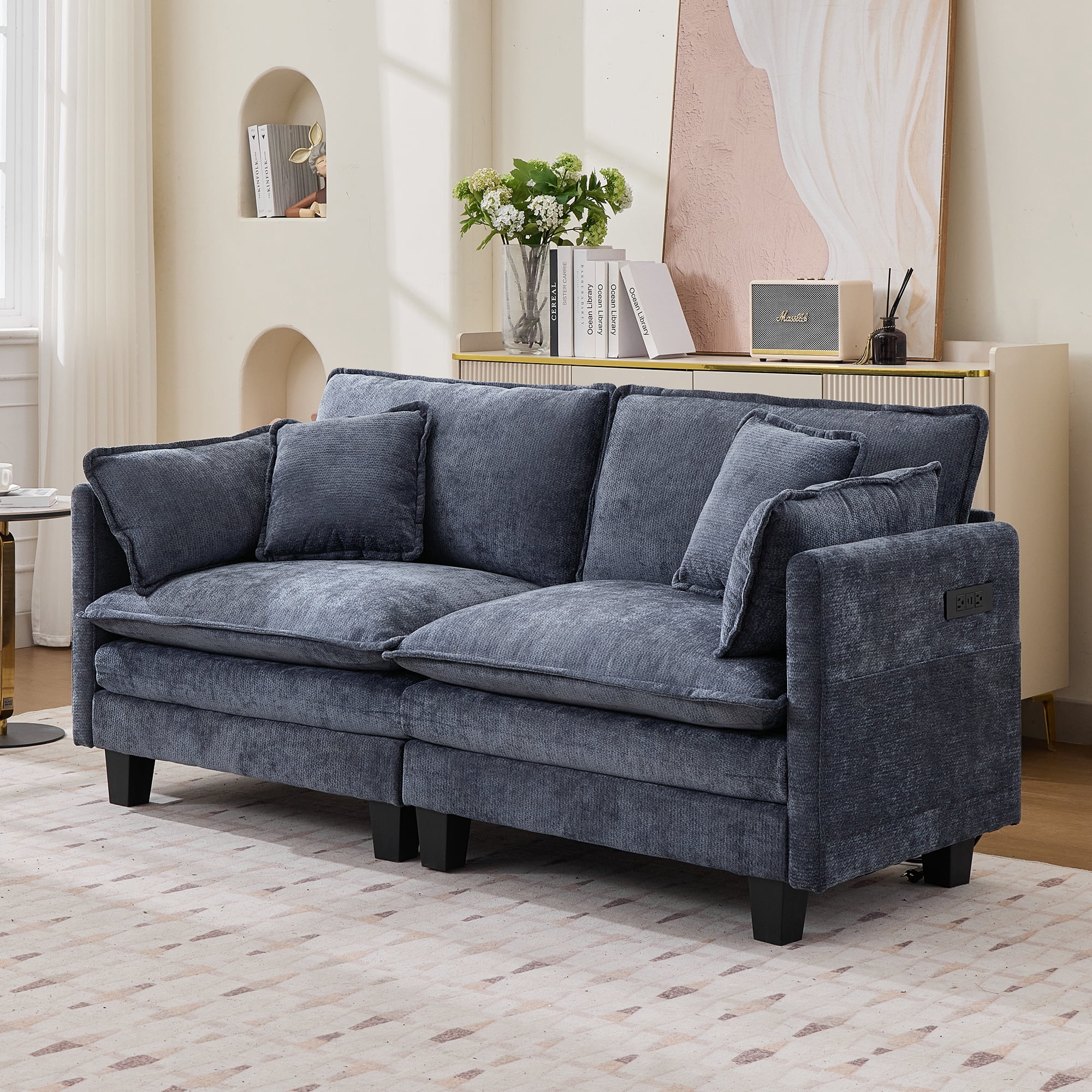 Modular Sectional Sofa, 75" Loveseat Modern Couches for Living Room, Comfy Cloud Couch with Deep Seat for Office and Apartment, with Charger, USB & Type-c Port, Blue Chenille Fabric