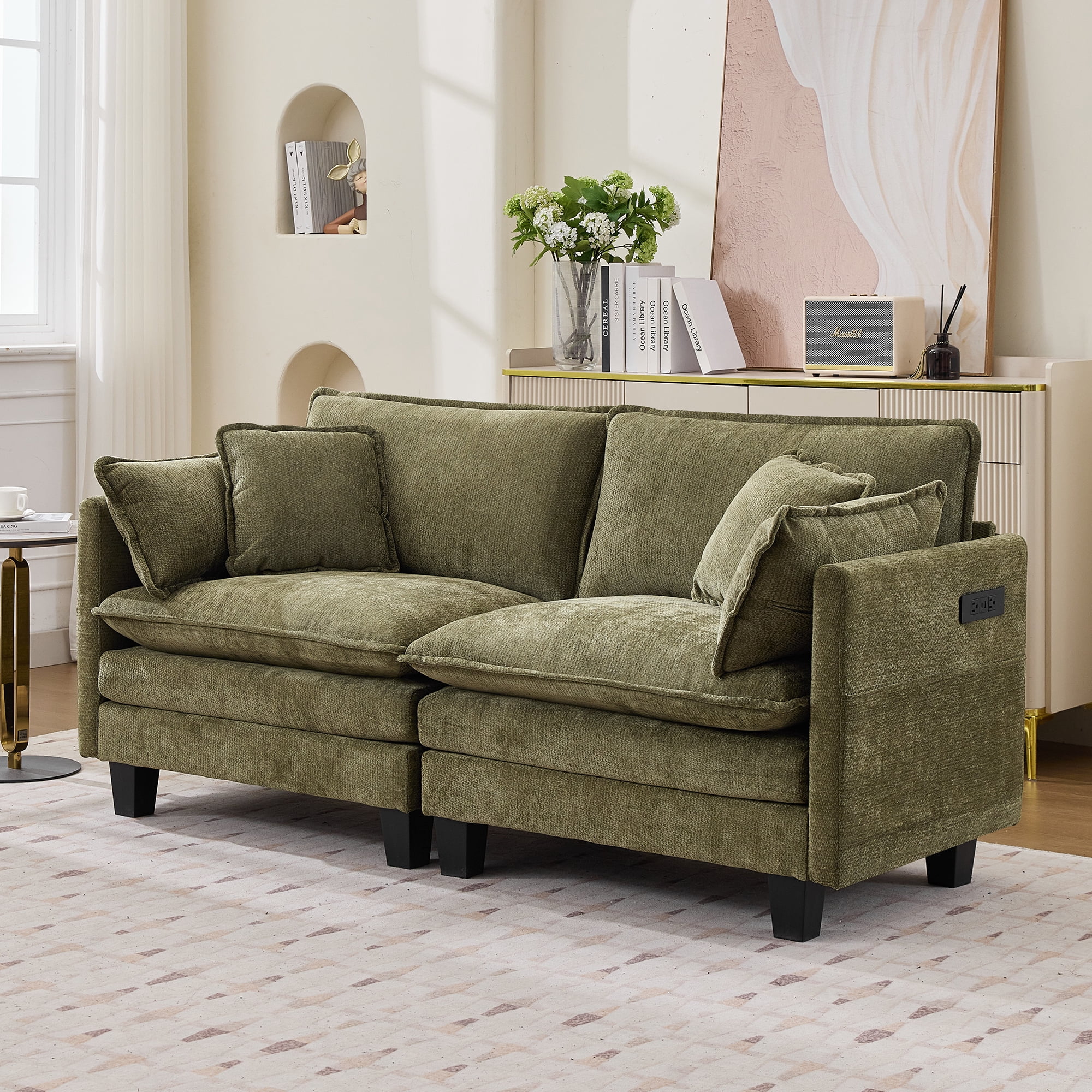Modular Sectional Sofa, 75" Loveseat Modern Couches for Living Room, Comfy Cloud Couch with Deep Seat for Office and Apartment, with Charger, USB & Type-c Port, Green Chenille Fabric