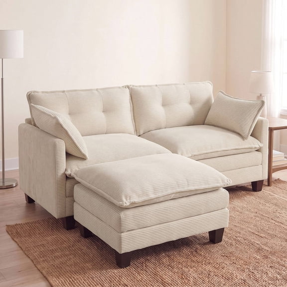 Amsleekey 76.5" L-Shaped Modular Sectional Sofa, Corduroy Cloud Couch with Movable Ottoman, 2-Seat Deep Seat Sofa for Apartment Living Room, Beige
