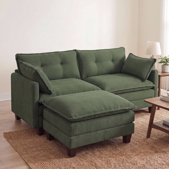 Amsleekey 76.5" Corduroy Loveseat Sofa with Ottoman, L-Shaped Modular Sectional Sofa, 2-Seat Deep Seat Cloud Couch for Apartment Living Room, Green