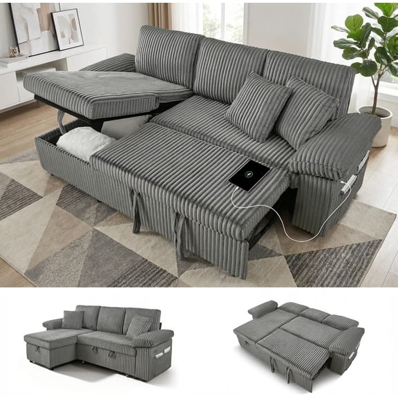 Modular Sectional Sofa, 87'' Sectional Couch with Pull Out Couch Bed, Convertible L Shape Sofa Couch with Reversible Storage Chaise, Corduroy Sleeper Sofa Bed for Living Room Bedroom (Light Grey)