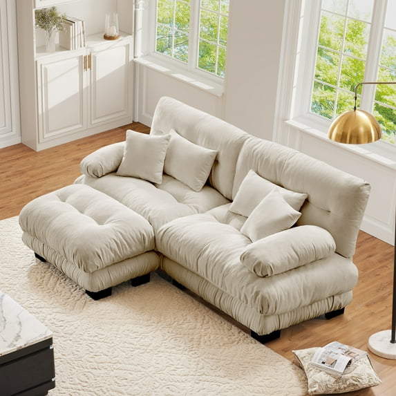 FFH Loveseat with Ottoman, 94.4" Oversized Cloud Sofa, L-Shaped Sectional Couch for Living Room (Chenille Light Coffee, 2 Seater with 1 Ottoman)