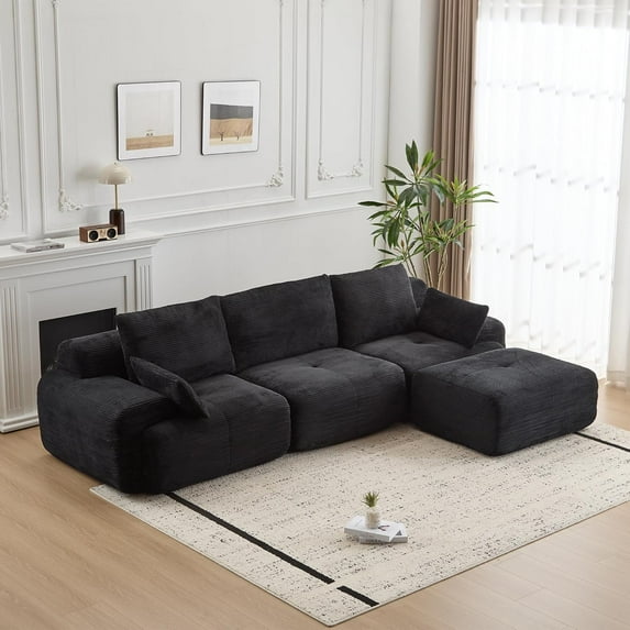 Modular Sectional Sofa, Black Boneless Sofa Couch, Cloud Sectional Couches for Living Room, Oversized L Shaped Couch with Deep Seat and Ottoman, Comfy Corduroy Couches, No Assembly Required,Black