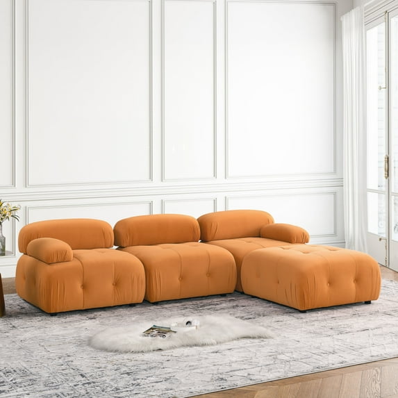 Modular Sectional Sofa, Button Thick Tufted Designed and DIY Combination, L Shaped Sleeper Couch with Reversible Ottoman, Orange Velvet