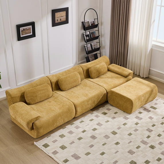 Modular Sectional Sofa, Chenille Deep-Seat Sofa with 3 Pillows, Extra-Large Compression Design with High-Resilience Foam Core, Smart Self-Recovery Technology and Flexible Space Configuration, Yellow