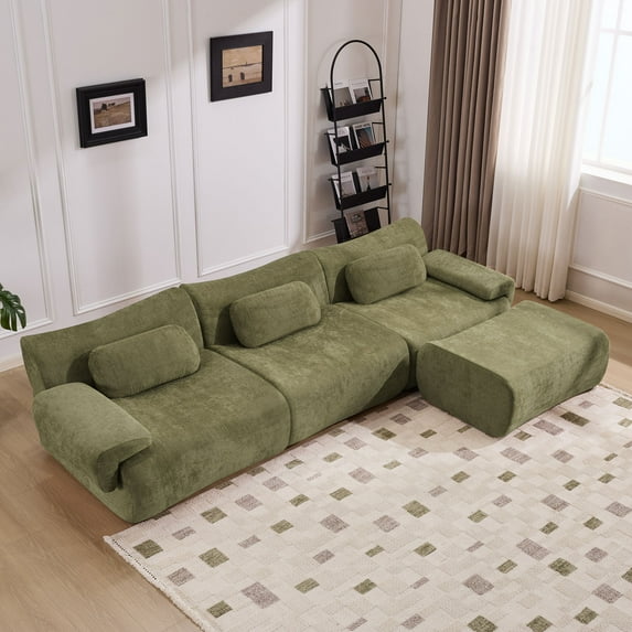 Modular Sectional Sofa, Chenille Deep-Seat Sofa with 3 Pillows, Extra-Large Compression Design with High-Resilience Foam Core, Smart Self-Recovery Technology and Flexible Space Configuration, Green