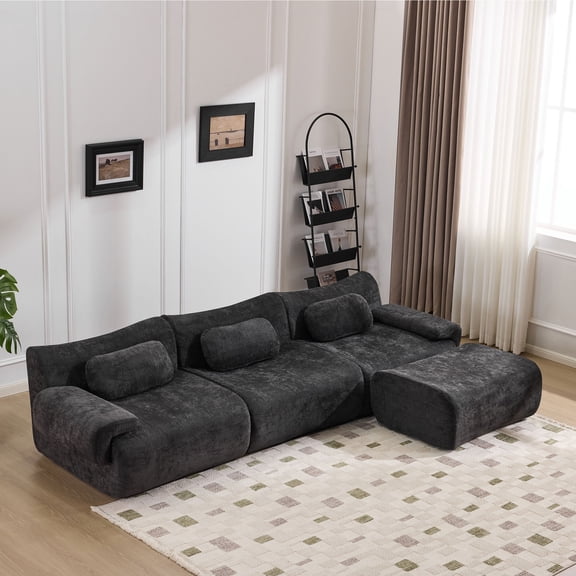 Modular Sectional Sofa, Chenille Deep-Seat Sofa with 3 Pillows, Extra-Large Compression Design with High-Resilience Foam Core, Smart Self-Recovery Technology and Flexible Space Configuration, Black