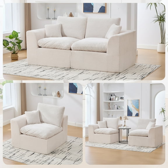Modular Sectional Sofa Cloud Couch, 2 Seater with Removable Cushion Covers, No Assembly Required, Beige