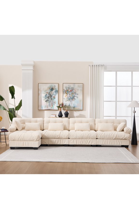Modular Sectional Sofa Cloud Couch, L Shaped Sectional Couches for Living Room, Deep Seat Modular Couch with Round Armrests 6 Pillows, 4-Seater Modern Comfy advanced flannelette Sofa for Bedroom No.6