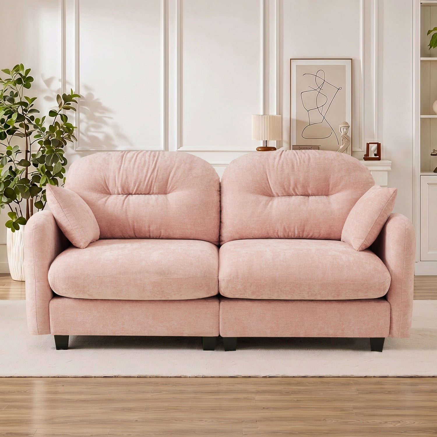 Modular Sectional Sofa Cloud Couch Loveseat Chenille Fabric Tufted Sofa Ergonomic 2-Seater Couch with Wooden Base for Living Room, Apartment, Pink