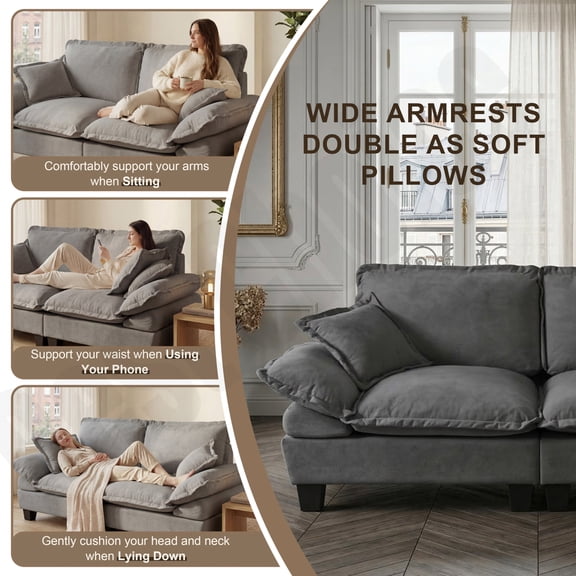 Modular Sectional Sofa, Cloud Couch with Sailboat Design, 1 Movable Ottomans & 2 Soft Pillows Included, Comfy Chenille for Apartment Living Room, Grey