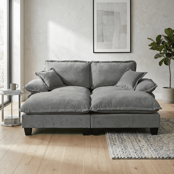 Modular Sectional Sofa, Cloud Couch with Sailboat Design, 2 Movable Ottomans & 2 Soft Pillows Included, Comfy Chenille for Apartment Living Room, Grey