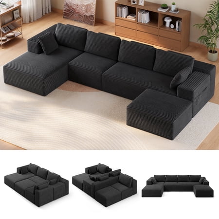 U-Shape Sectional Sofa, Lofka 135'' Modular Sectional Couch with Chaise Lounge, Couch Comfy Corduroy Floor Sofa for Living Room, Corduroy Upholstered 4-Seater Sofa with Pillow Back and Square Arms,