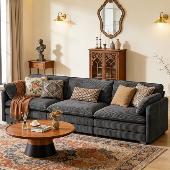 110.2" Modern Cloud Couch, Lofka 3-Seater Modular Sofa with Extra Deep Seat, Luxury Plush Corduroy Upholstered Couches for Living Room Bedroom, Gray