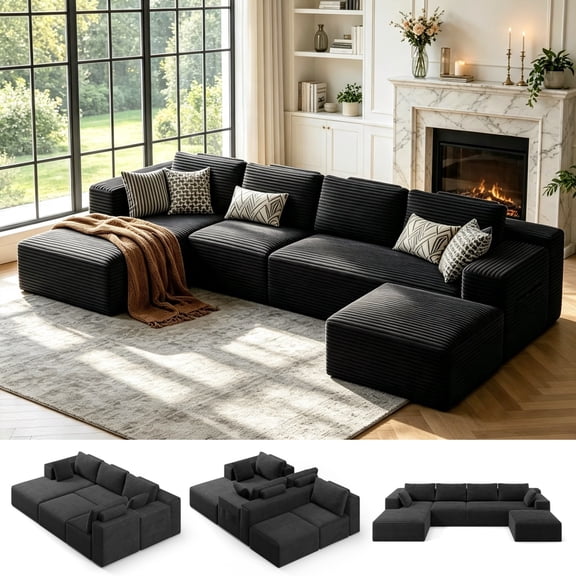 U-Shape Sectional Sofa, Lofka 135'' Modular Sectional Couch with Chaise Lounge, Couch Comfy Corduroy Floor Sofa for Living Room,  Corduroy Upholstered 4-Seater Sofa with Pillow Back and Square Arms,