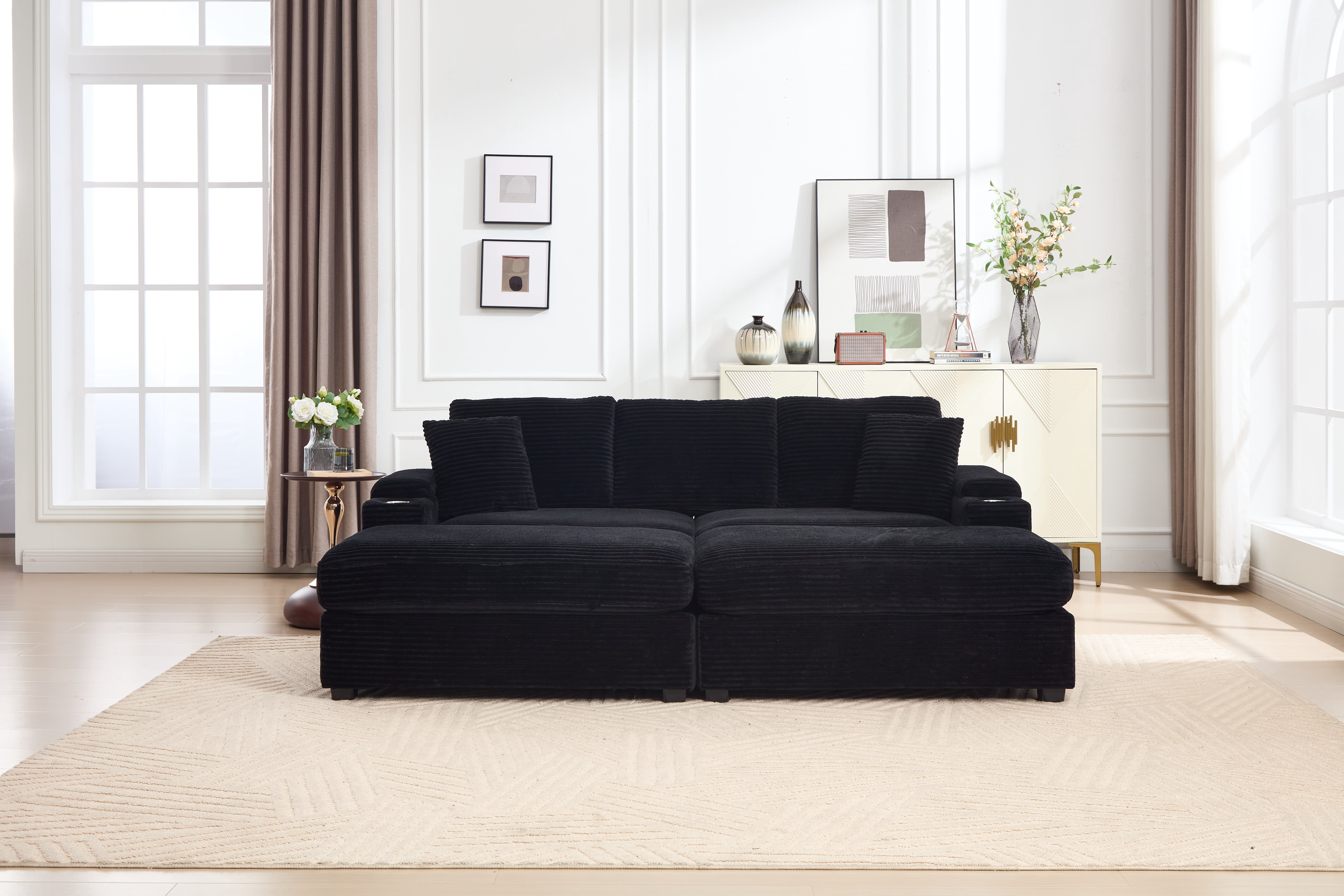 Modular Sectional Sofa, Convertible Modular Sofa Bed Set, with Armrest Storage, Stainless Steel Cup Holder, USB Port,Upholstered Sofa, Deep Seat, Suitable for Living Room, Office,Black