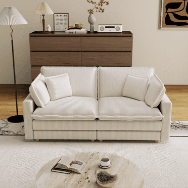 Modular Sectional Sofa, Corduroy Deep Seat Couch, 2-Seater Sofa with 4 Pillow, Modern Sofa for Living Room Bedroom Apartment, Beige