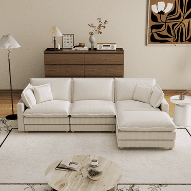 Modular Sectional Sofa, Corduroy Deep Seat Couch, 3-Seater L-Shaped Sofa with 4 Pillow, Modern Sofa for Living Room Bedroom Apartment, Beige