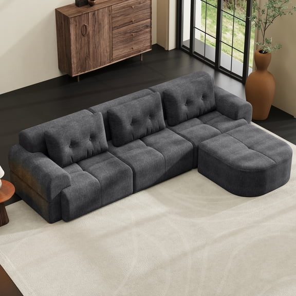 Modular Sectional Sofa Couch with Chaise, Full-Foam Structure, Woven Texture Upholstery, Compression Packaging, Oversized Modern Sofa for Living Room, Comfortable & Space-Saving Furniture,DARK GREY