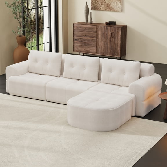 Modular Sectional Sofa Couch with Chaise, Full-Foam Structure, Woven Texture Upholstery, Compression Packaging, Oversized Modern Sofa for Living Room, Comfortable & Space-Saving Furniture,Beige White