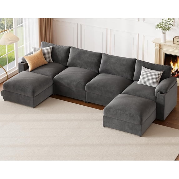 Velvet Modular and Padded Armrests Sectional U Shaped Sofa with Chaise and Cup Holder, Gray