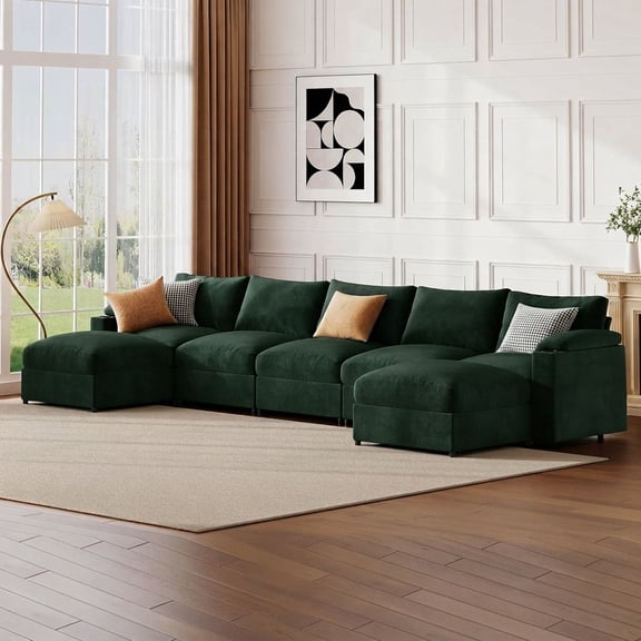 Oversized Modular Sectional Sofa,U Shape 4-Seat Cloud Couch with 2 Moveable Ottomans,Comfy Chenille Deep Seat Sofa for Living Room, Apartment,Green