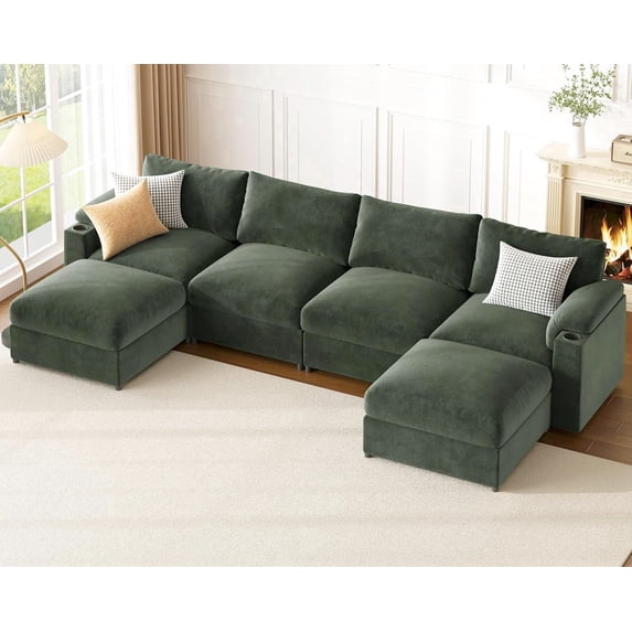 Sectional Couches for Living Room FSC Certified Velvet Modular Couch Oversized Cloud U Shaped Convertible Sleeper Sofa Chaise Detachable Armrest Cushion (Chenille Green, U Shape 6 Seat)