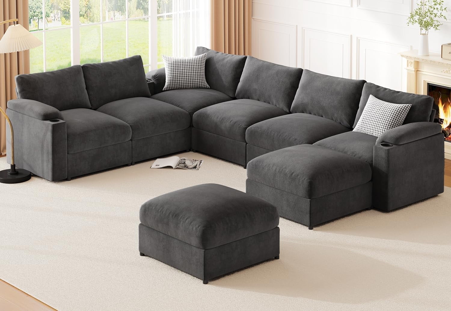 Modular Sectional Sofa Couch for Living Room Velvet Couches Oversized U Shaped Convertible Sleeper Sofa Chaise Detachable Armrest Cushion Cup Holder (Grey, 8 Seats)