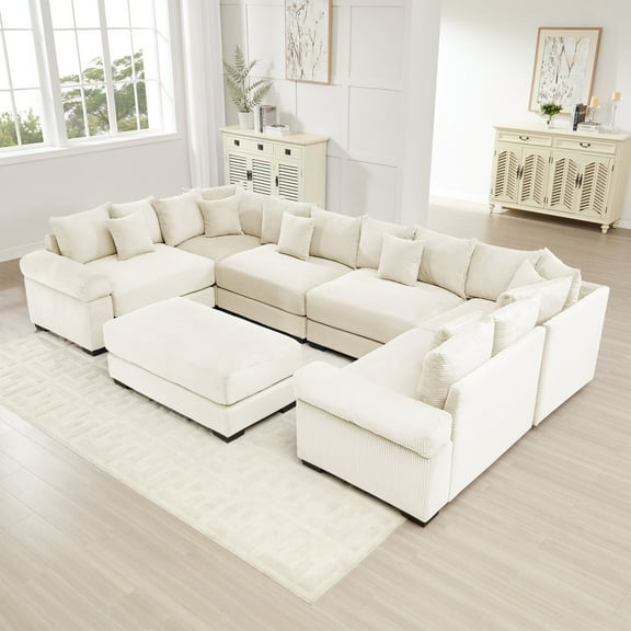 Modular Sectional Sofa Couch, Oversized 138" U-Shaped Convertible Couches with Thicker Cushions, Corduroy 7 Seater Sleeper Sofa Chaise for Living Room, Beige