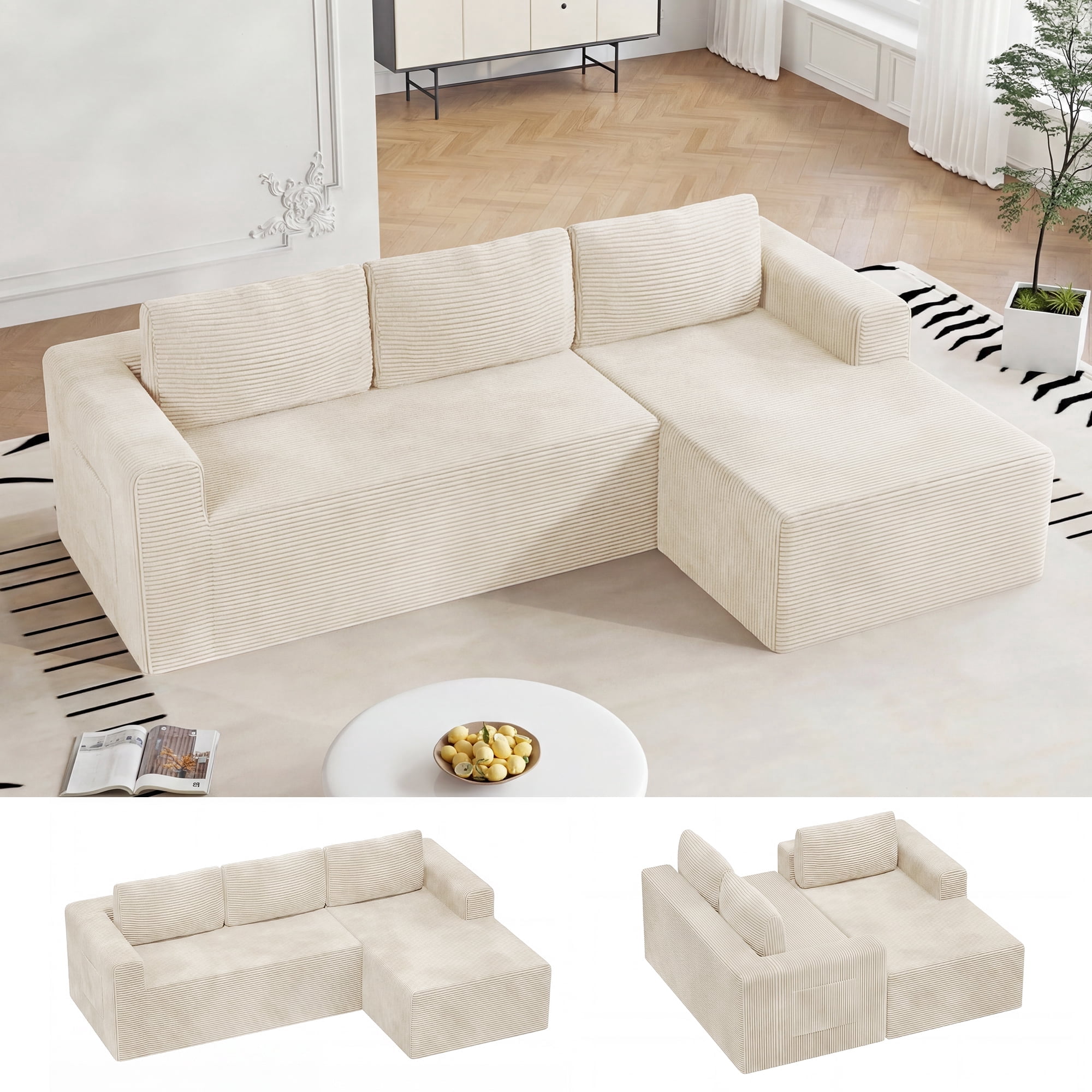 Modular Sectional Sofa Couches L-Shape Couch 3 Seat Modular Sofa Memory Foam Sectional Couches for Living Room, Cloud Couch with Oversized Chaise (Beige Stripe, 94.5" Right Facing Chaise)